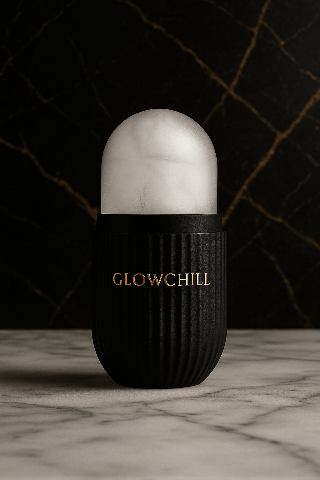GlowChill™ Ice Roller Black Edition with marble roller and gold-accented black handle for cooling and depuffing skin.