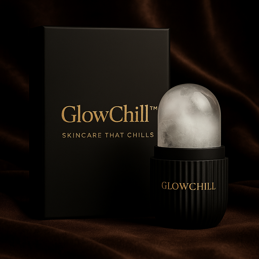 GlowChill™ Ice Roller Black Edition with frosted roller and sleek black and gold packaging for cooling and depuffing skin.
