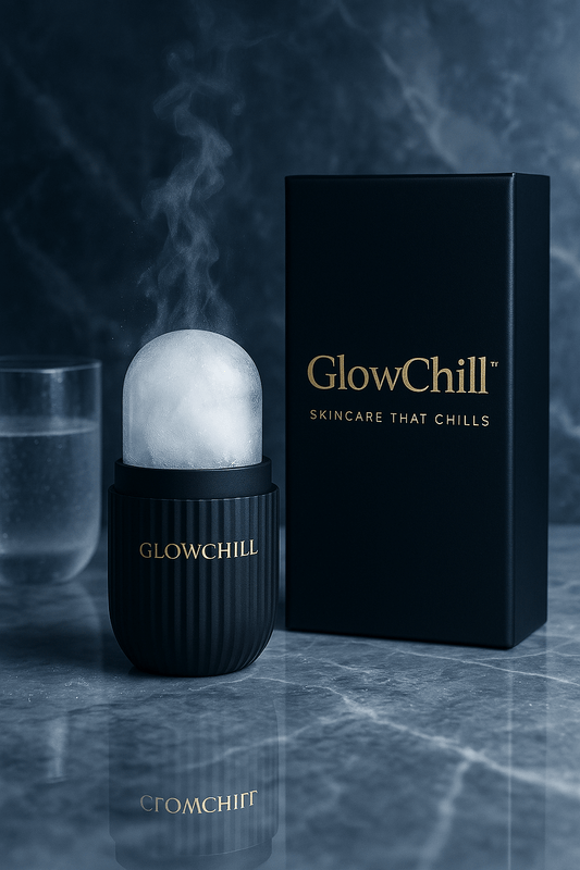 GlowChill™ Ice Roller Black Edition with sleek black and gold design next to its packaging on marble surface