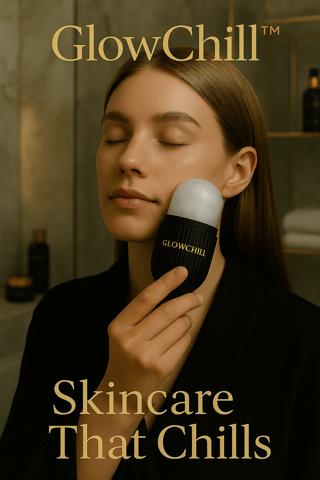 Woman using GlowChill™ Ice Roller Black Edition for cooling and depuffing skin in skincare routine