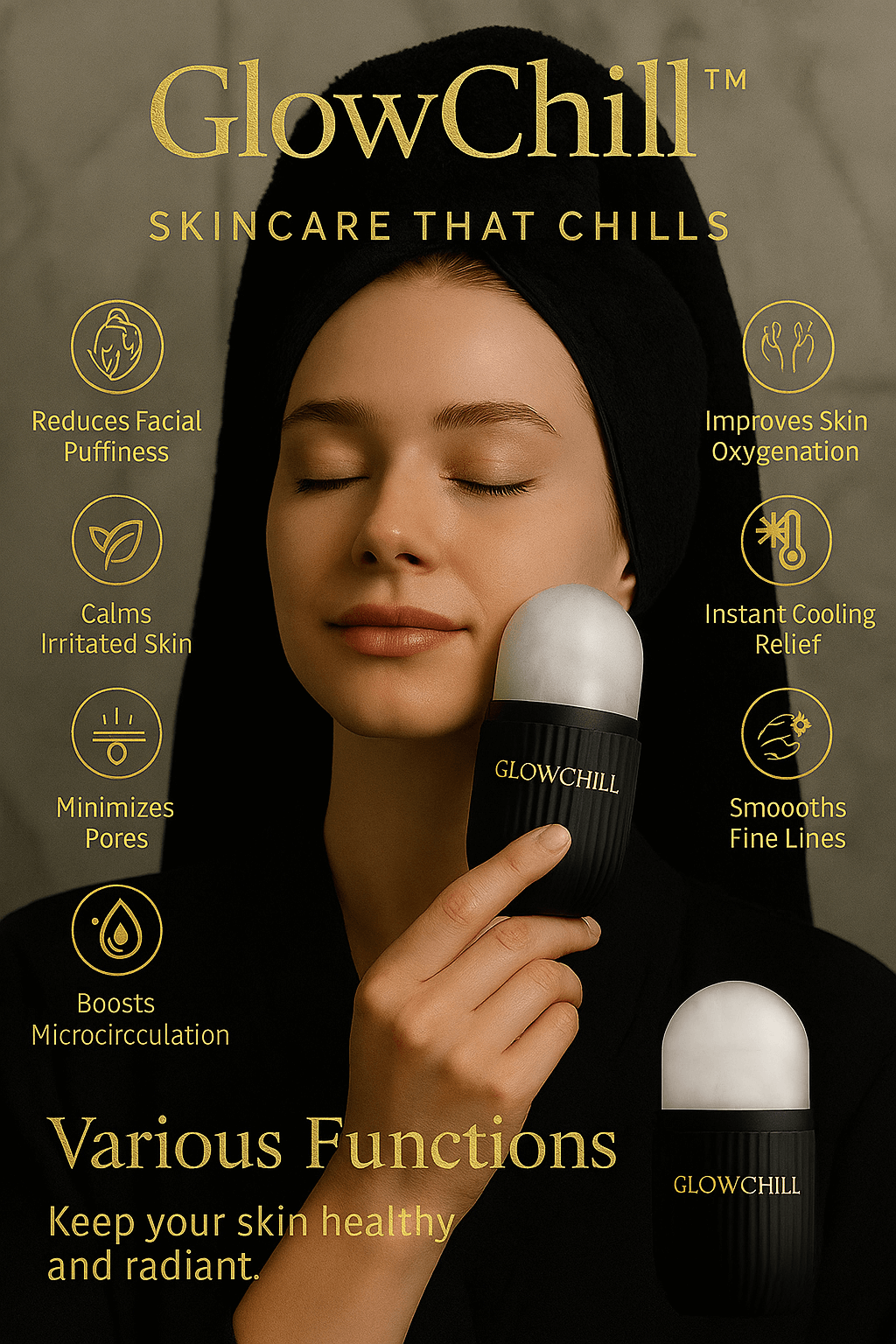 GlowChill™ Ice Roller Black Edition skincare tool reducing puffiness and refreshing skin.